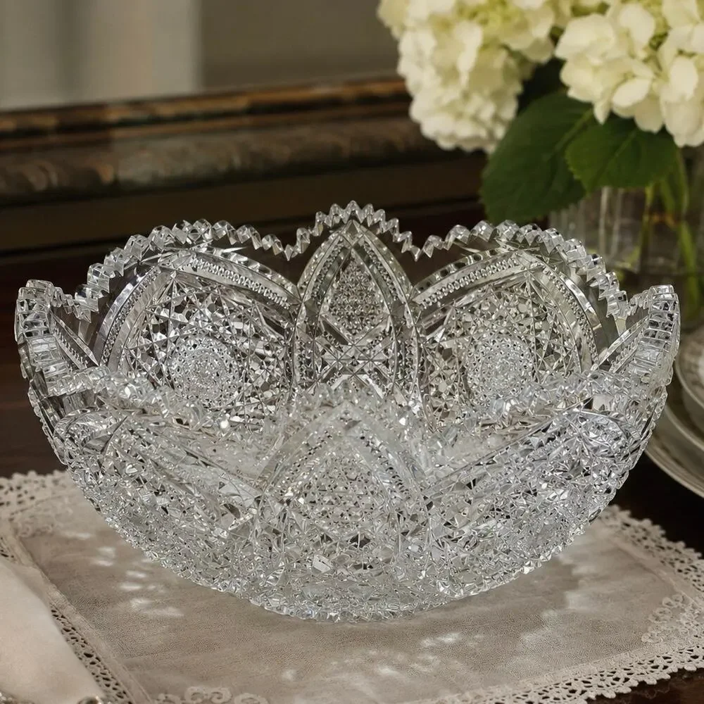 American Brilliant Cut Crystal Serving Bowl Hobster Floral Pattern 9x5
